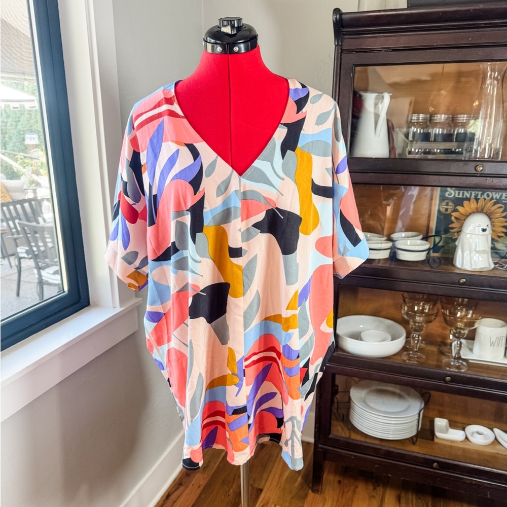 Jodifl Boho Colorful Abstract Print V-Neck Tunic Top Plus Size 1X NWT